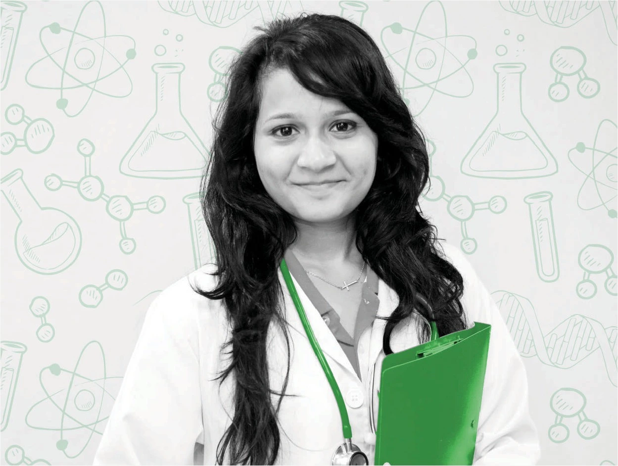 Smiling female doctor in a white coat with a green clipboard and stethoscope against a science-themed backdrop.