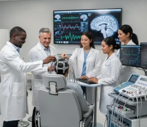 Medical team in white coats attach EEG leads to a patient for brain monitoring in a neurology lab.
