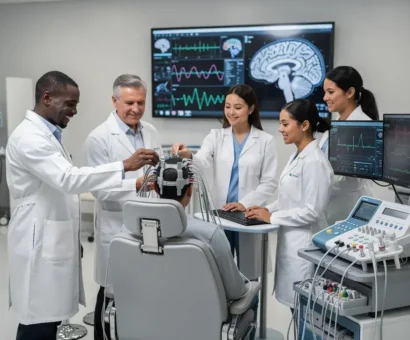Medical team in white coats attach EEG leads to a patient for brain monitoring in a neurology lab.