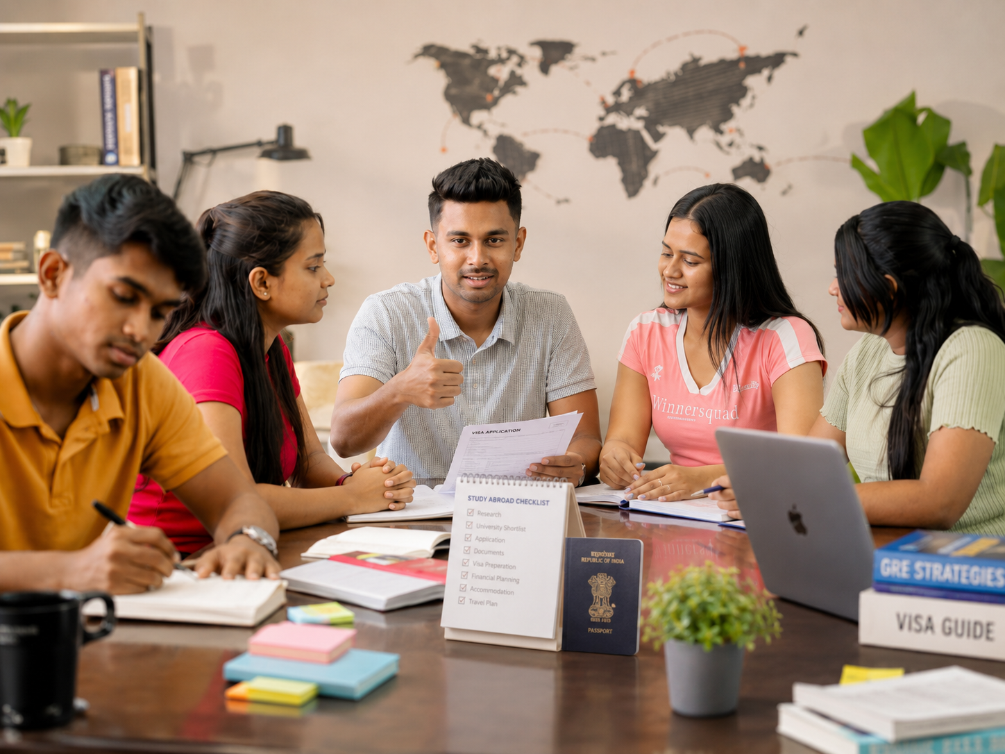 Five diverse students sit around a table in an office, discussing study-abroad visa forms with a world map on the wall behind them.