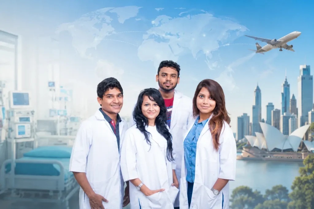 Four diverse researchers in white lab coats pose together against a city skyline with a world map and airplane backdrop, conveying a global medical team theme.