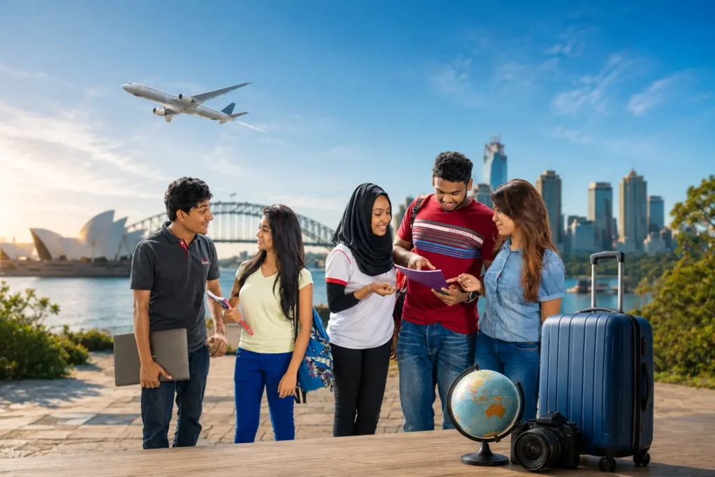 Five young travelers with backpacks and rolling suitcases consult papers by a waterfront, with the Sydney skyline and an airplane overhead in the sky.