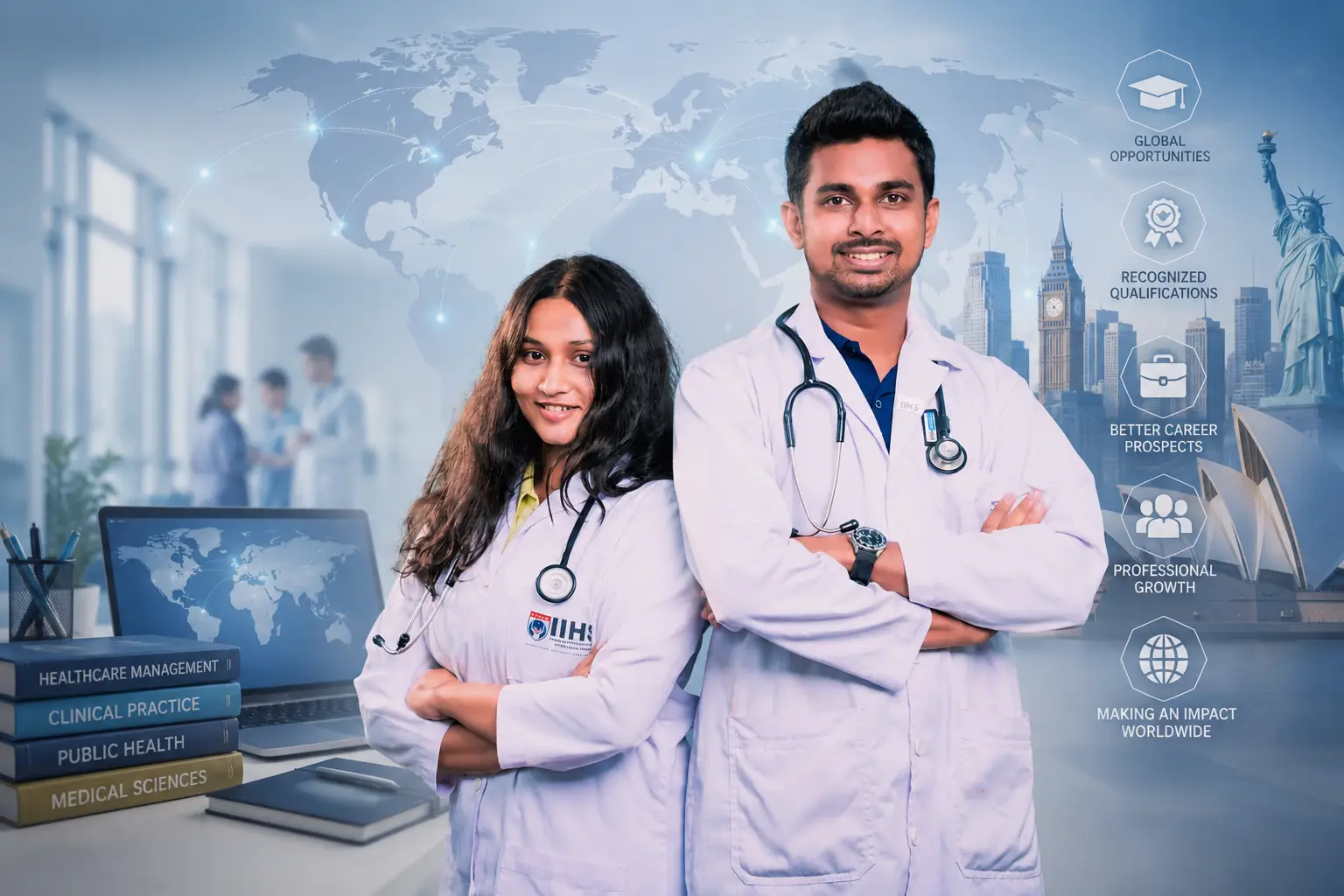Two doctors in white coats with stethoscopes stand confidently in a modern medical office, world map backdrop.