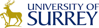 University of Surrey logo: gold stag beside a book, with blue 'UNIVERSITY OF SURREY' text.